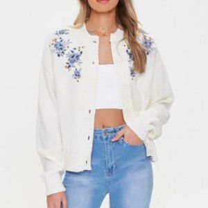 Forever 21 Floral Embroidered Cardigan Sweater in Cream/Purple - Size XS